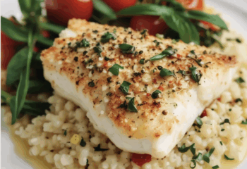 Keto Tuscan Herb Crusted Cod with Cauliflower Parm Risotto and Caprese Insalata