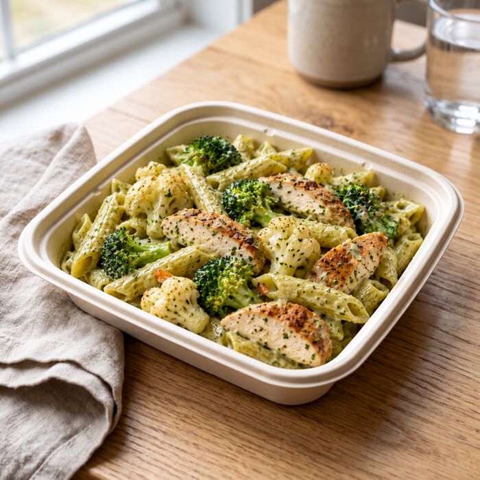 Creamy Pesto Chicken Penne with broccoli and cauliflower